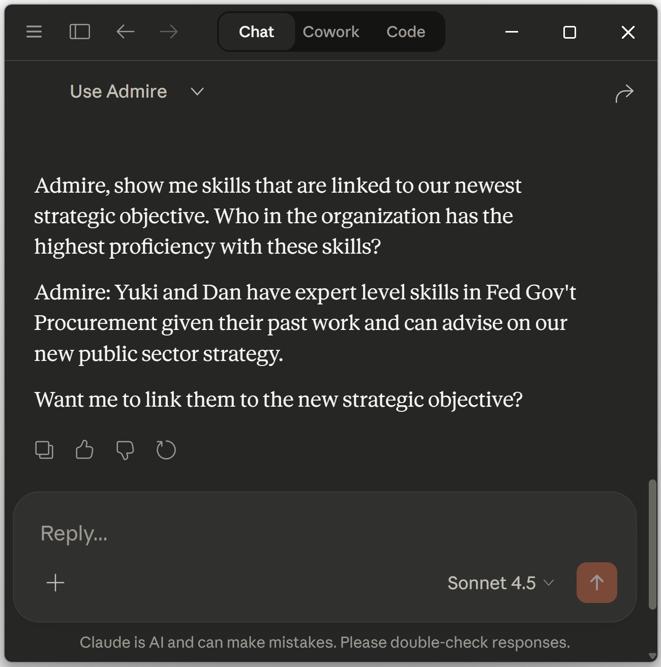 Claude connected to Admire linking skills to strategy